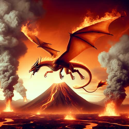 Charizard Soaring Over Flames in Volcanic Landscape | Mythical Dragon
