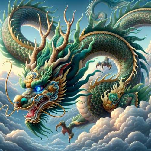 Majestic Eastern-Style Dragon Soaring in Green & Gold