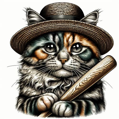 Whimsical Feline with Fashionable Hat and Wooden Bat