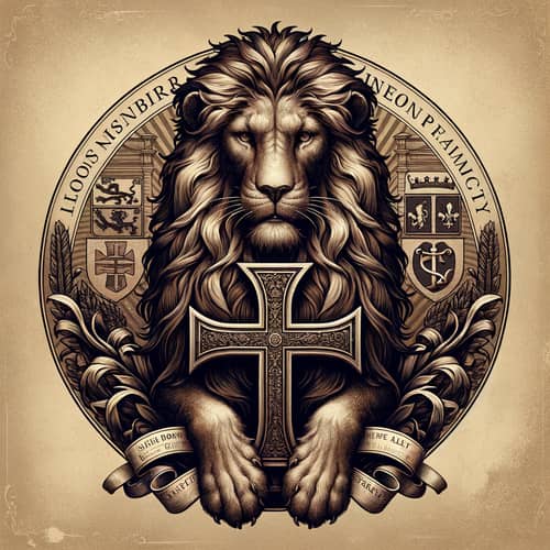 Detailed Digital Illustration of Demi-Rampant Lion with Cross Crosslet