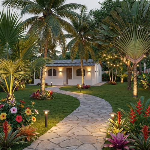 Modern Garden Design with Palm Trees and Flowers Modern Garden Design with Palm Trees and Flowers