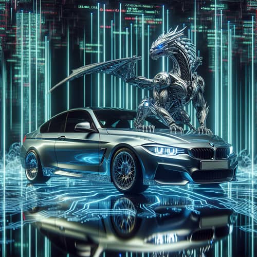 Silver Cyborg Dragon Protecting Silver BMW 320i in Cyberspace