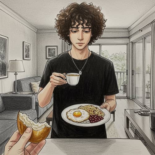 Young Man Enjoying Family Meal Sketch