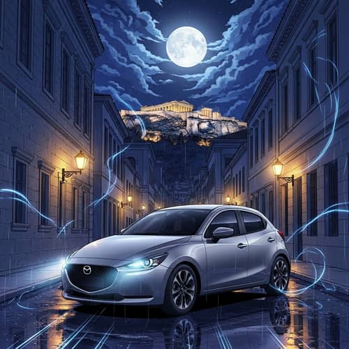Silver Mazda2 2024 in Enigmatic Athens Night Silver Mazda2 2024 in Enigmatic Athens Night