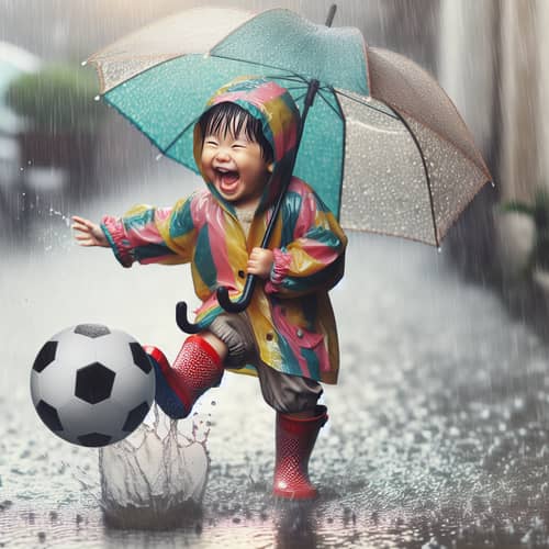 Joyful East Asian Child Playing in Rain with Umbrella