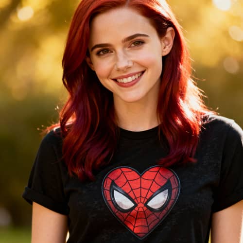 Ruby-Haired Emma Watson Look-Alike in Spider-Man Tee Ruby-Haired Emma Watson Look-Alike in Spider-Man Tee