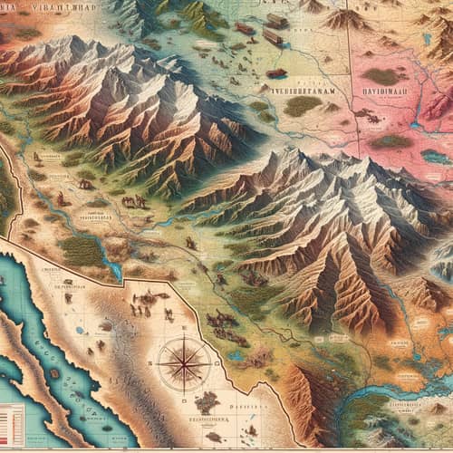 Vintage Geographical Map with Mountains, Rivers, and Cities