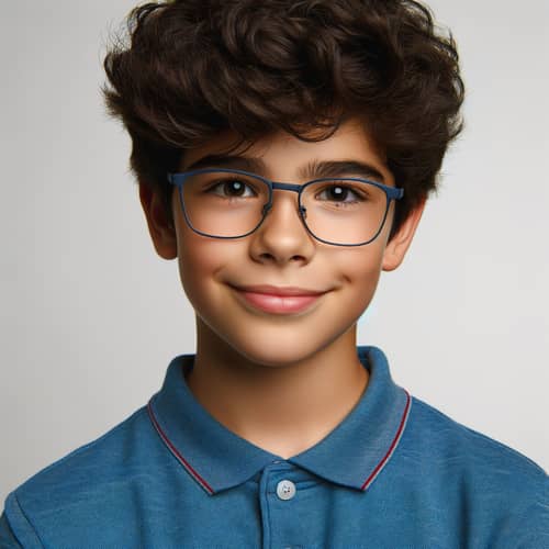 Young Hispanic Boy with Curly Hair in Blue Polo Shirt and Glasses