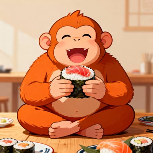 Fat Monkey Enjoying Sushi Delights