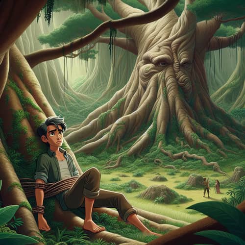 Cartoonish Tale of Florante Tied to Fig Tree in Lush Forest