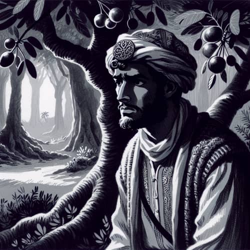 Cartoonish Illustration of Florante Tied to Fig Tree in Shadowy Forest