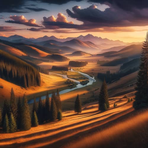 Picturesque Valley Sunset Panorama with Snowcapped Mountains