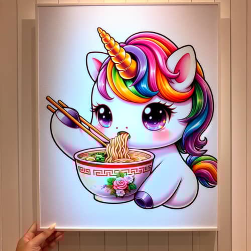 Vibrant Kawaii-Style Unicorn Enjoying Delicious Ramen Bowl