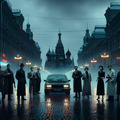 90s Russia Urban Scene: Men with Guns & Black Car in Gloomy City