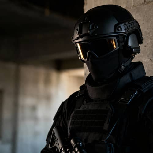 Sniper in Black Armored Suit with Visor Helmet