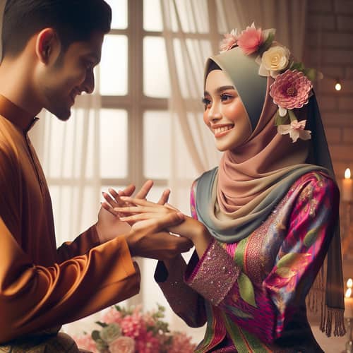 Malay Woman in Vibrant Baju Kurung Embracing