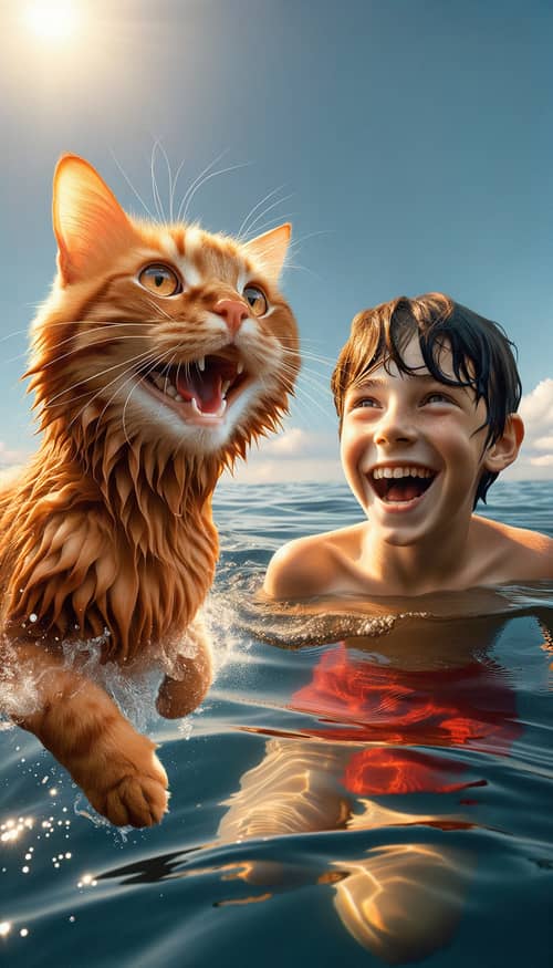 Ginger Cat Swimming with 12-Year-Old Boy in Realistic Scene