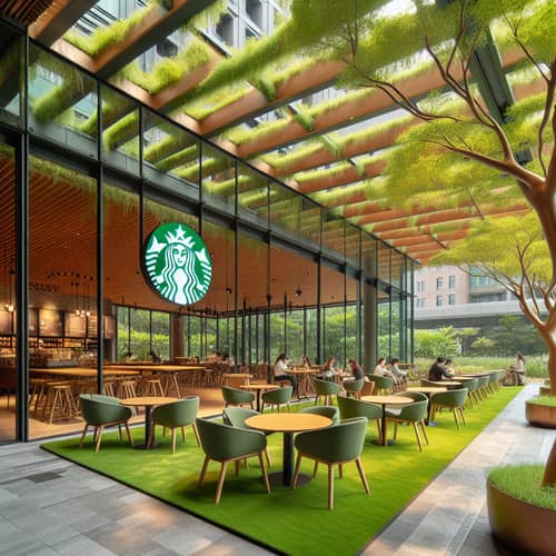 Cozy Starbucks Outdoor Terrace with Lush Greenery