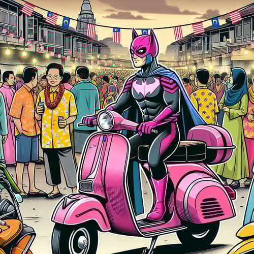 Unique Superhero on Vespa | Vibrant Malaysian Town Scene