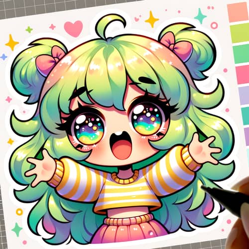 Vibrant Anime-Like Cartoon Character Sticker with Rainbow Palette