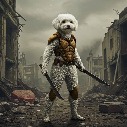Hybrid Human-Bichon Frise in Apocalyptic Setting