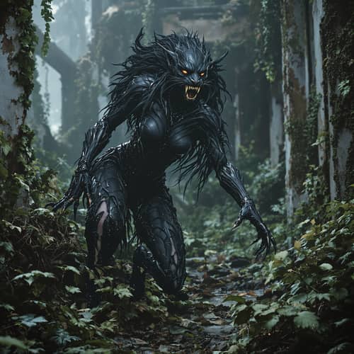 Hybrid Human-Black Panther in Apocalyptic Ruins