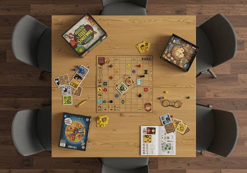 Overhead View of Table and Chairs with Board Game Accessories