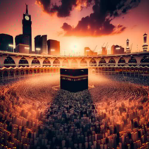 Majestic Kaaba at Sunset with Pilgrims