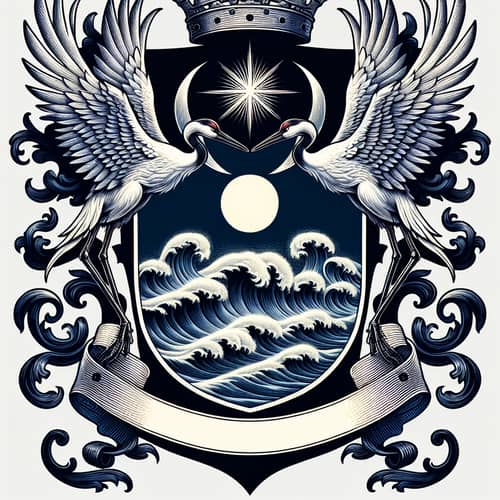 Tranquil Coat of Arms with Crane Birds and Moonlit Sea