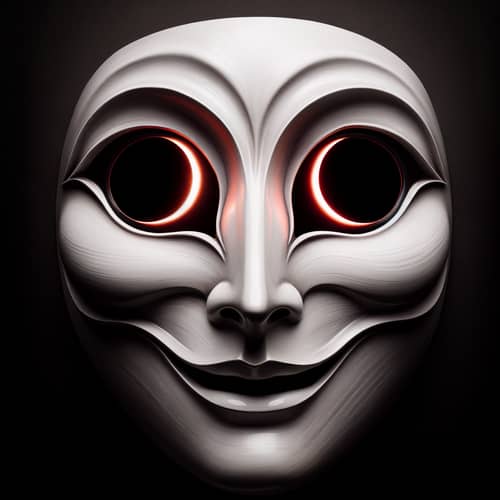 White Theatrical Mask with Glowing Red Crescent Eyes
