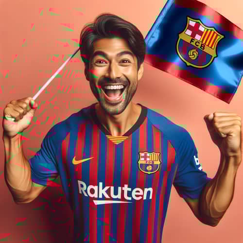 Excited Barcelona Soccer Fan in Classic Jersey and Matching Flag