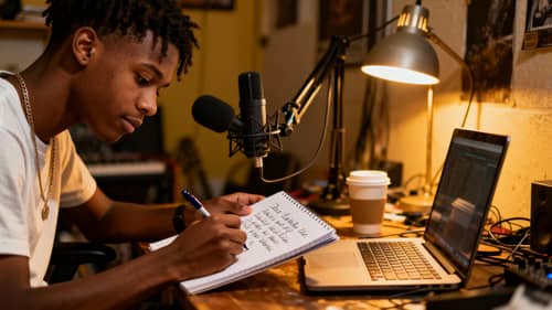 Young Black Man Writing Lyrics in Home Studio Young Black Man Writing Lyrics in Home Studio