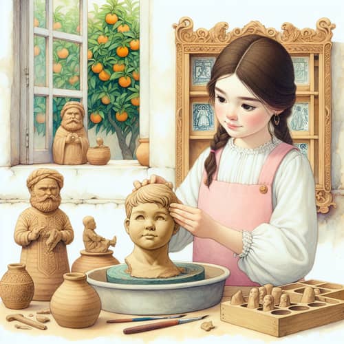Andalusian Inspired Watercolor Art: Girl Sculpting Clay Bust