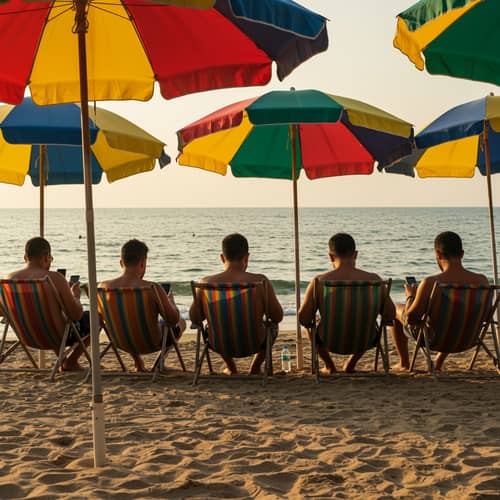 Morning Beach Gambling: Men on Mobile Phones