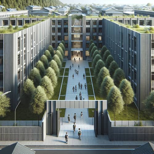 Urban High School Entrance with Green Roofs