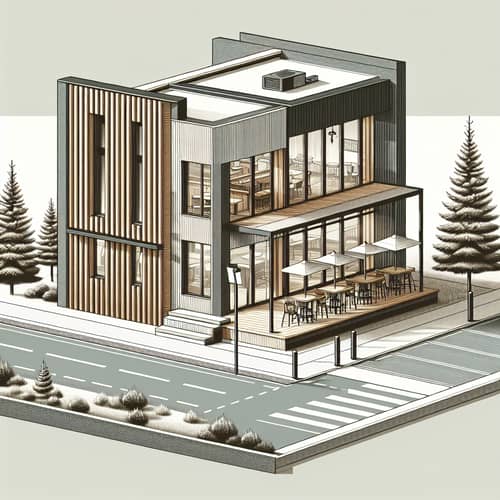 Modern Minimalist Office Building with Rooftop Bar and Parking Lot