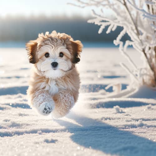 Adorable Dog Prancing in Fresh Snow | Winter Scene Image