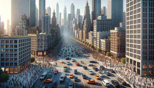 Vibrant Cityscape with High-Rise Buildings and Bustling Streets