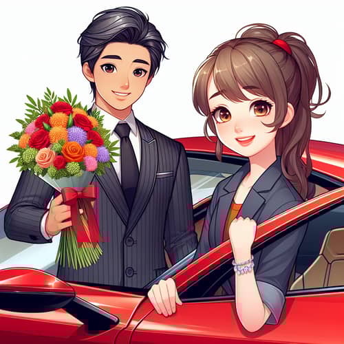 Youthful Teenager in Corporate Wear Presents Flowers in Ferrari