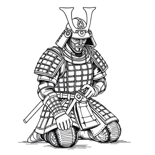 Samurai Line Drawing: Armoured Warrior Praying