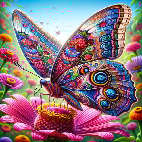 Colorful Butterfly on Vibrant Flower in Lush Garden