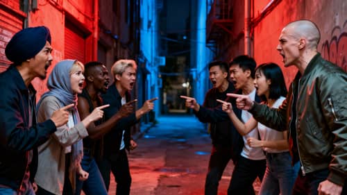 Tense Argument Between Diverse Groups: A Visual Contrast