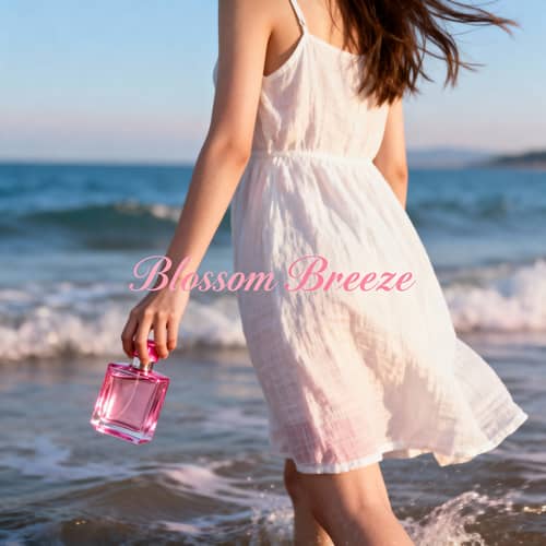 Young Woman with Pink Perfume on the Beach Young Woman with Pink Perfume on the Beach