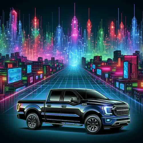 Polarized Black Pickup Truck in Cyberpunk Cityscape