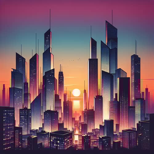 Minimalist Sunset Cityscape | Geometric Buildings Silhouetted by setting sun