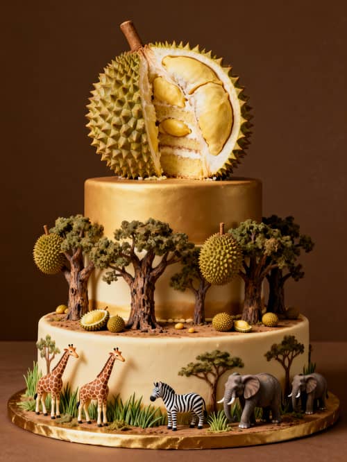 Elegant 3-Tier Cake Design with Zoo and Durian Farm Elegant 3-Tier Cake Design with Zoo and Durian Farm