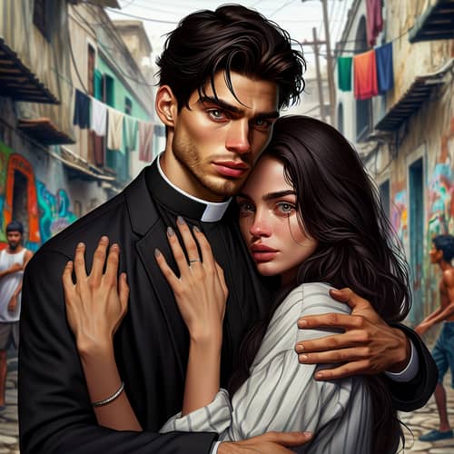 Forbidden Love Story: Raven-Haired Priest Embraces Brunette Woman