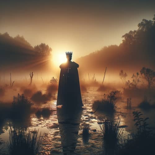 Medieval King Silhouette at Dawn in Swamp