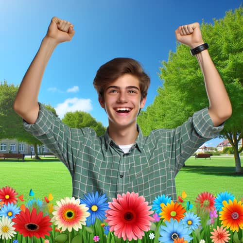 Cheerful Teenager Celebrating Escape from Bullying in a Lush Green Park