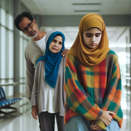 Melancholic Teenager at Modern Hospital with Supportive Parents